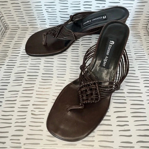 Etienne Aigner‎ Catskill brown leather wedge sandal macrame size 7.5 - Picture 1 of 7